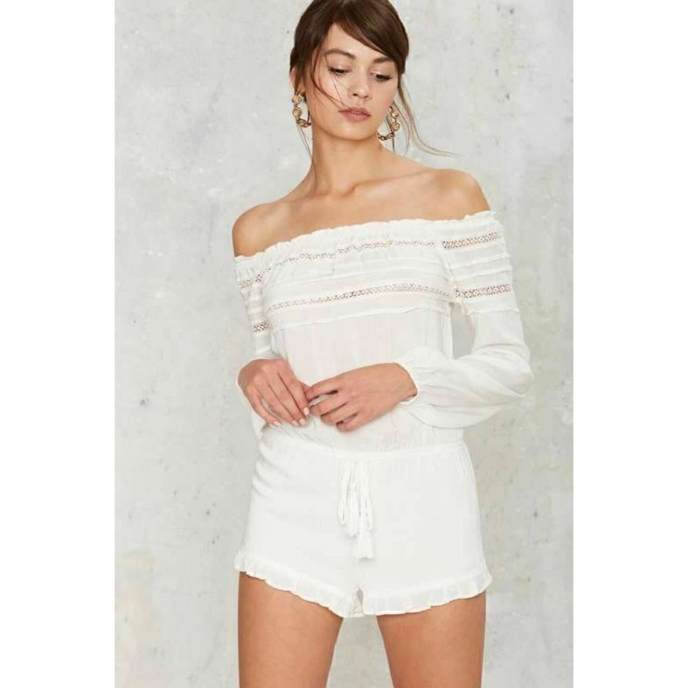 Cotton Candy Nasty Gal Womens White Lace Trim Off the Shoulder Romper Size M